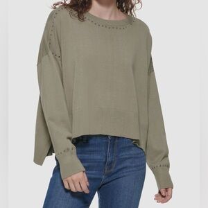 DKNY Women Studded Crew Neck Long Sleeve Knit Pullover Sweater